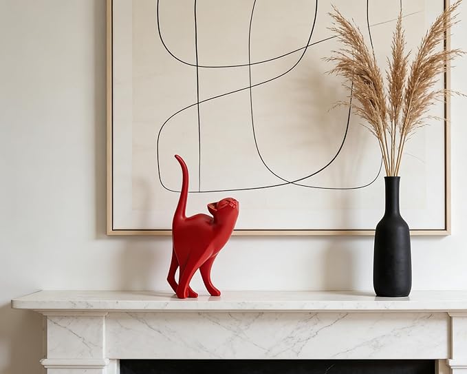 Red Cat Statue Modern Abstract, Home Office Shelf Decor, 7-Inch Vibrant Assorted Colors, Easy to Match Any Decor Style