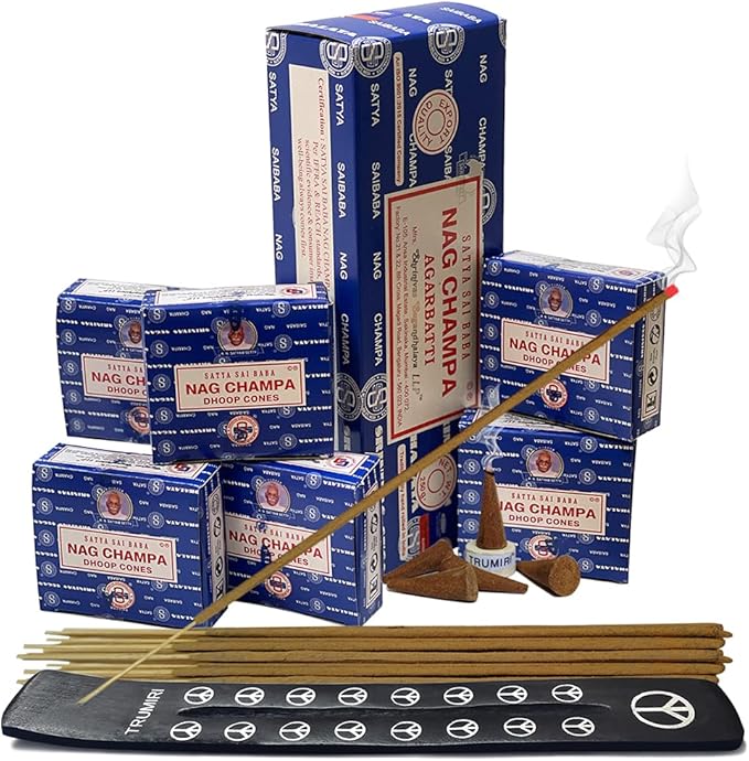 Nag Champa Incense Sticks 250g and Cones Variety Pack with Burner Holder Bundle from Satya Incense 250g Trumiri for Smudging and Aroma