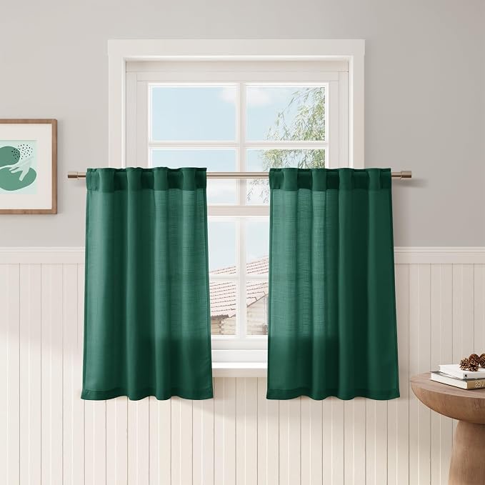 Dark Green Linen Kitchen Curtains 36 Inch Length 2 Pack Light Filtering Semi Industrial Style Transparent Linen Blend Short Drapes Back Tab Rod Pocket for Small Windows Cafe Bathroom Garage 26Wx36L