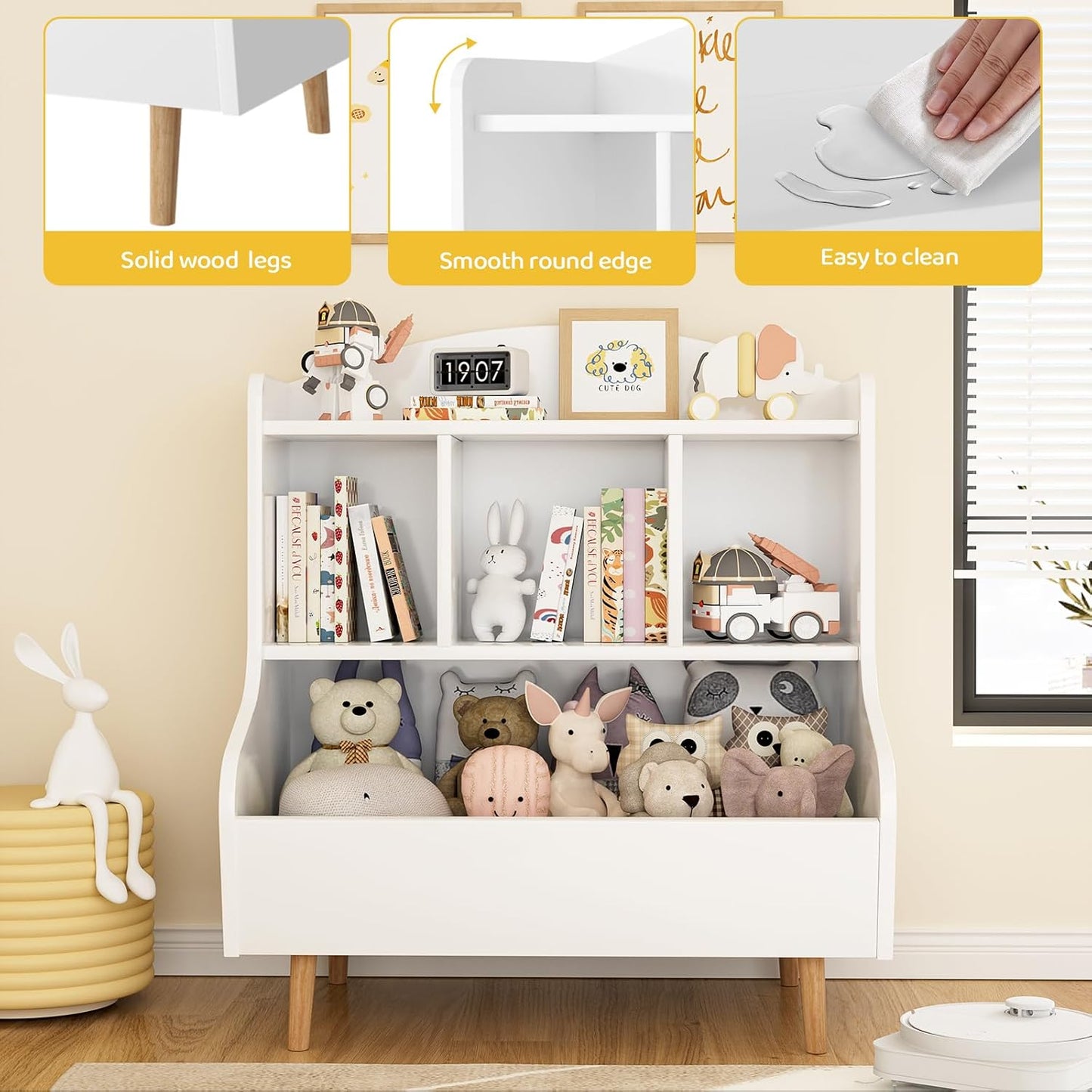 Toy Storage Organizer, 3 Tier Floor Standing Toddler Bookshelf with Legs, 5 Cube Kids Bookshelf and Toy Storage, Book Shelf for Kids Room, Living Room, Nursery, White