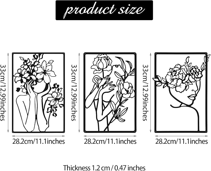 CHENGU 3 Pieces Metal Minimalist Abstract Woman Wall Art Line Drawing Wall Art Decor Single Line Female Home Hanging for Kitchen Bathroom Living Room