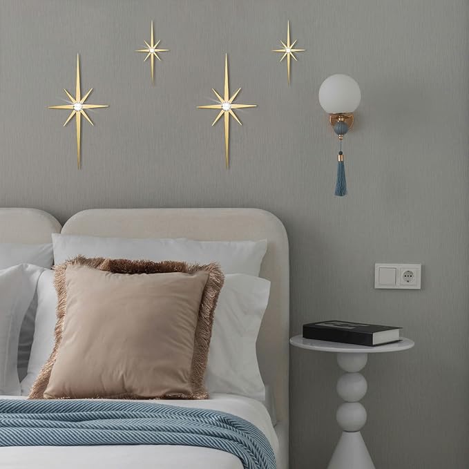 4 Pack Metal Star Wall Art 8 Pointed Starburst Wall Decor Set with 2 Large & 2 Small Pieces Mid Century Celestial Metal Wall Sculpture for Bedroom Living Room Office Gallery Wall