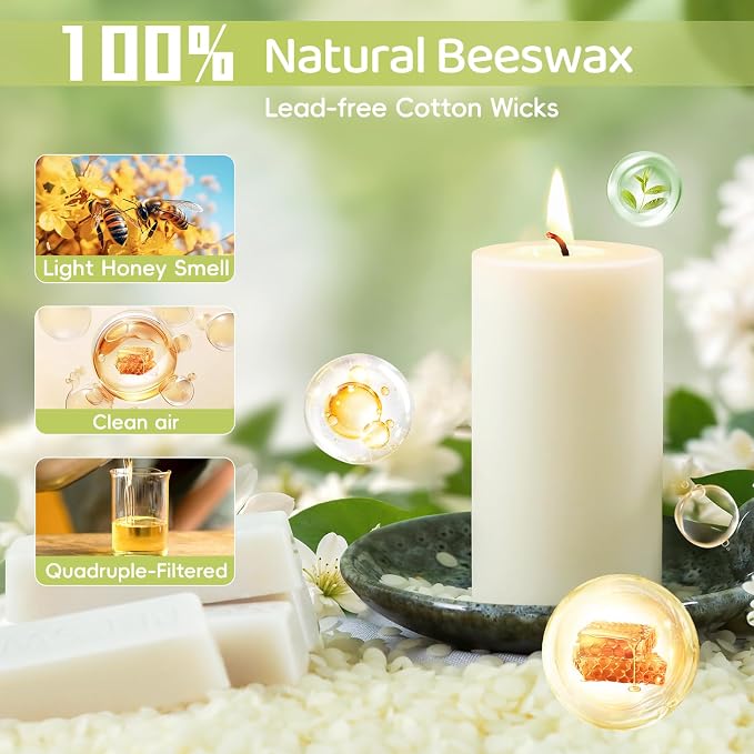 Beeswax Candles Pillar,Ivory White Unscented Candles -258 Hours Long Clean Burning,100% Pure & Natural Bees Wax Candles for Home,Prayer,Dripless Smokeless Organic Pillar Candles Bulk-2x4in-6 Pack
