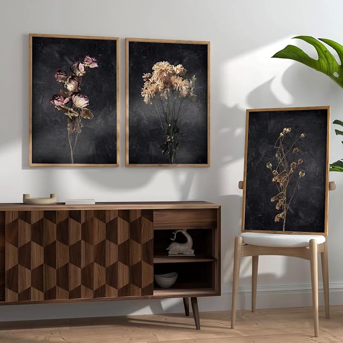 SIKERIC Dark Moody Dried Floral Wall Art, Framed Canvas Print Set of 3, Minimalist Botanical Wildflower Wall Art Decor, Black Modern Farmhouse Wall Art Painting for Living Room, Bedroom, Office-16x24