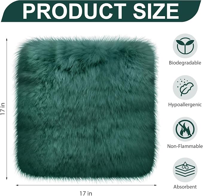 Drydiet 2 Pcs Natural Sheepskin for Bed Sores and Skin Imitation Wool Medical Sheepskins with Non-Slip Back for Pain Relief and Discomfort, Wool Seat Pad, 17 in x 17 in (Square,Emerald)