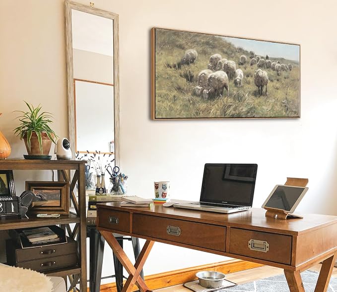 DJSYLIFE Farmhouse Sheep Framed Wall Art, Countryside Landscape | 20x40 Inch Canvas Print, Shepherd & Flock on Dunes, Ready to Hang, Pastoral Scene, Above Sofa for Living Room