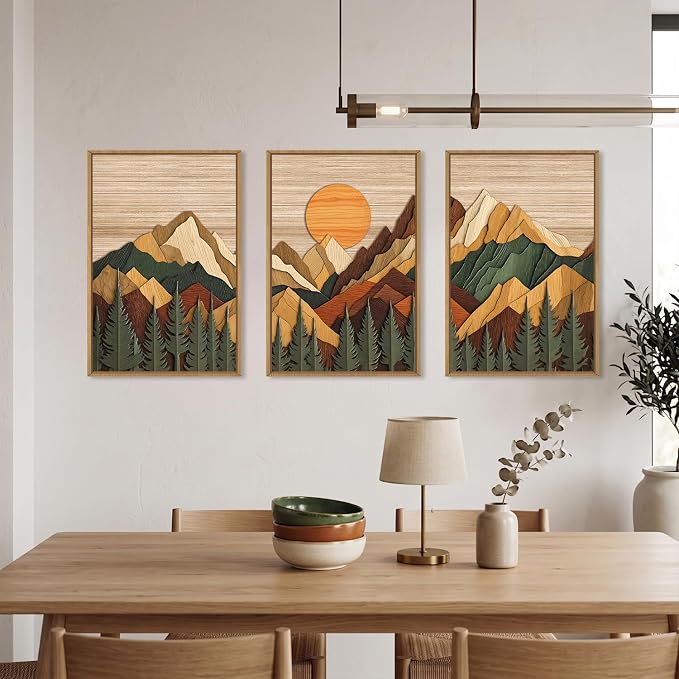 Large Woodcut Style Mountain Framed Canvas Wall Art Set, Woodsy Rustic Ridge Wall Decor, Boho Pine Tree Forest Wall Painting, Abstract Sunrise Wooden Art Print for Living Room, Bedroom, Office - 24"X36"X3(Not-3D Effect)