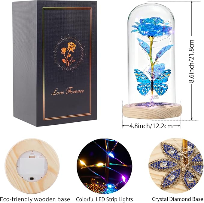Beferr Birthday Gifts for Women Galaxy Glass Rose Forever Preserved Flowers for Delivery Light Up Rose in Glass Dome Mothers Day Butterfly Gifts for Mom Wife Grandma Her Daughter Girlfriend
