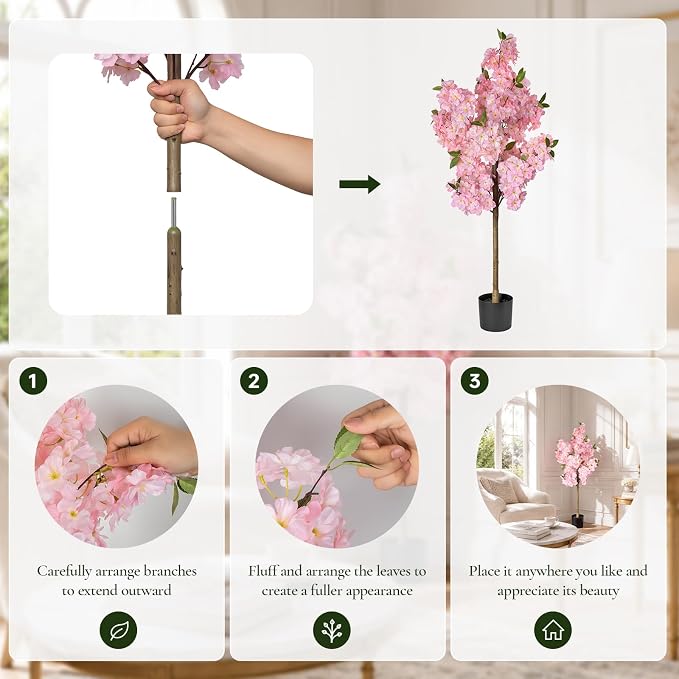 Cherry Blossom Tree 4FT Artificial Plants Indoor - Reinforced Spiral Connection Base & Anti-Shedding Silk Sakura Flowers, Faux Pink Tree for Living Room Home Office Bedroom Decor