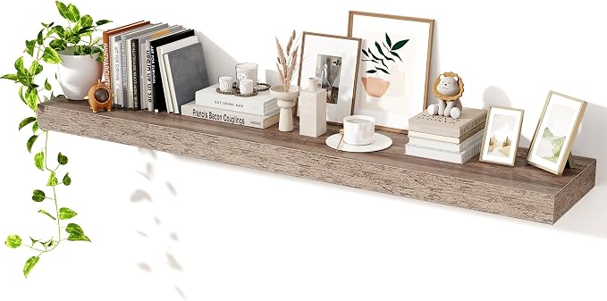 Axeman 55Inch Floating Shelves for Wall, Rustic Wood Shelves for Bedroom, Bathroom, Kitchen, Hanging Wall Mounted Shelf with Invisible Brackets for Books Decor, Set of 1, Grey