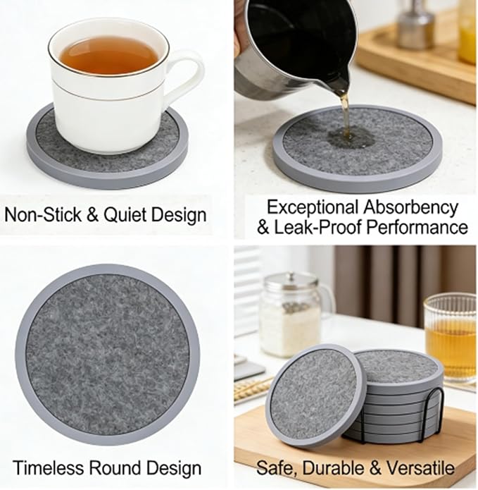 Absorbent Coasters for Drinks with Holder - 6packs, Silicone Coaster with Soft Felt Insert (4.3 inch Coasters with 4.5 inch Holder, Heathered Dark Gray)