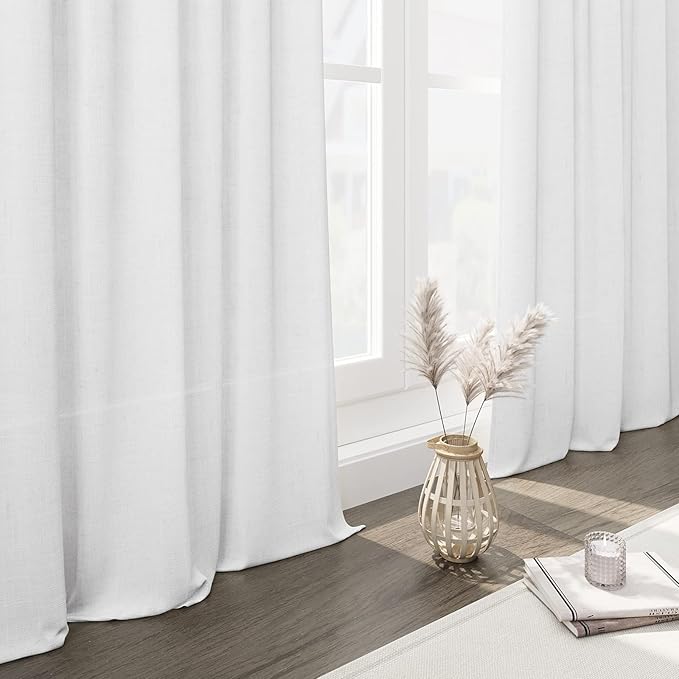 Linen White Curtains 108 Inches Long 2 Panels Set Back Tab Rod Pocket Semi Sheer Cotton Textured Light Filtering Extra Long Curtain Farmhouse High Ceiling Curtains for Living Room 9Ft 40x108