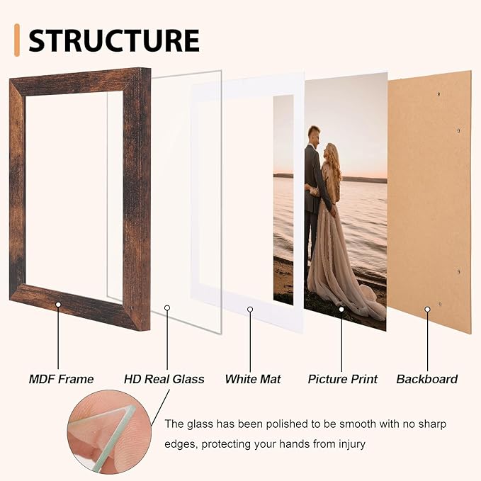 Fixwal 5x7 Rustic Picture Frame Set of 5, Vintage Distressed Photo Frames with Tempered Glass, Decorative Art for Wall Hanging and Tabletop Placement, Display 4x6 with Mat or 5x7 Without Mat