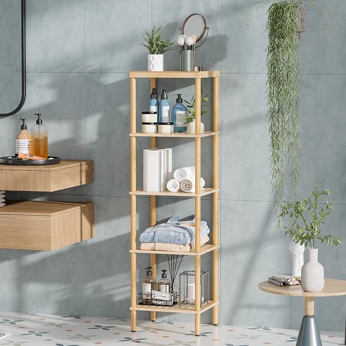 AmazerBath 5-Tier Bamboo Bathroom Shelf, Bathroom Standing Shelves, Multifunctional Shelving Unit for Living Room Bedroom Kitchen, Natural Color