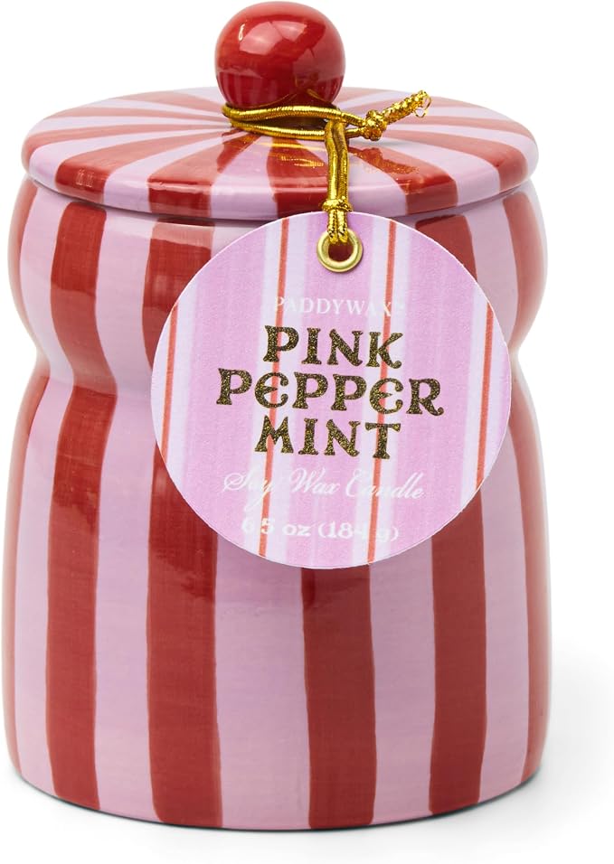 Paddywax Cabana Hand-Painted Scented Candle with Lid in Ceramic Reusable Jar, Clean-Burn Soy Candle, Pink Peppermint Scent, Approx. 42 Hour Burn Time, 6.5 oz