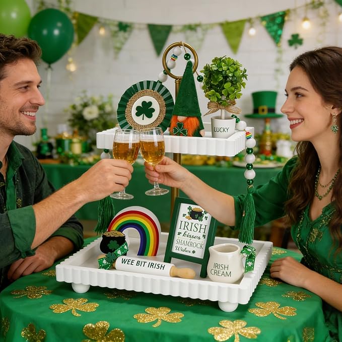 St Patrick's Day Decoration 8 PCS Tiered Tray Decor Set, Cute Tabletop Saint Patty's Day Décor for Home Shelf Mantel Office Table Coffee Bar Leprechaun Gnome Shamrock Irish Tray Objects