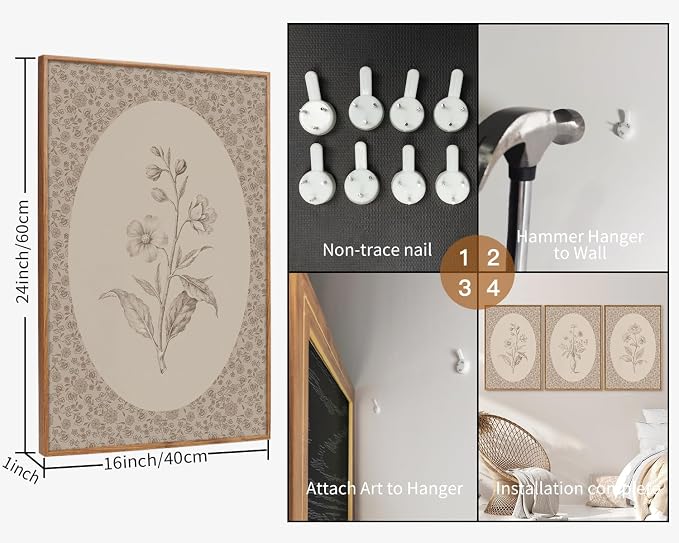 Rantodecor Vintage Flower Framed Canvas Wall Art Triptych, Rustic Floral Wall Decor, Retro Sketch Botanical Art Paintings, Antique French Cottage Artwork for Girls Bedroom Living Room Bathroom 16"x24"