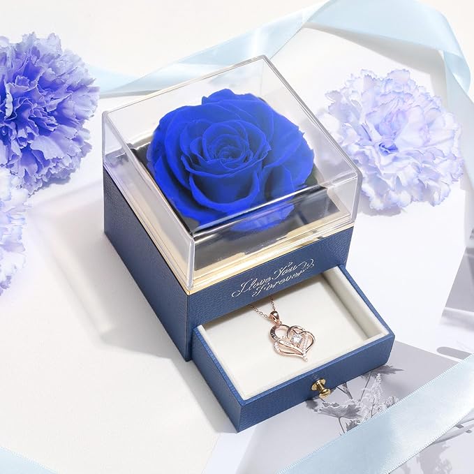 WILDLOVE Forever Blue Rose with Heart Necklace, Preserved Flowers Gifts for Mom, Wife and Girlfriend on Christmas, Mother's Day, Anniversary, Birthday Gifts for Women, I Love You Gifts for Her