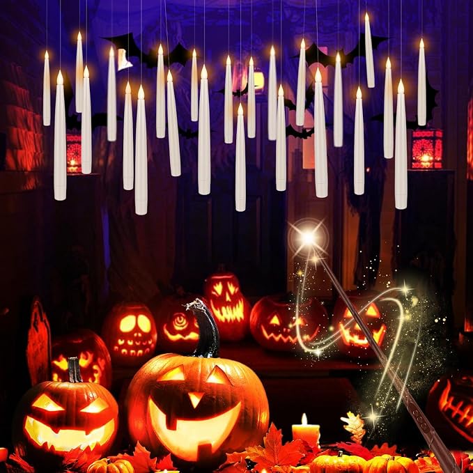 fclayvts 24PCS Floating Candles with Wand Remote,Magic Hanging Taper Candle with String,Flickering Battery Operated Taper Candle with Wand Remote for Halloween Decorations Best Gift（White）