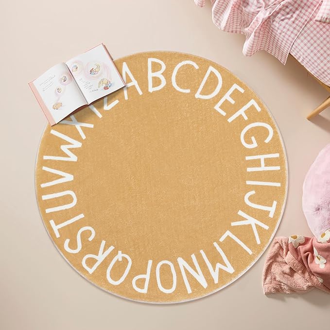 Topotdor Round Kids Play Rug Alphabet Nursery Area Rug Extra Large Soft Crawling Play Mat for Children Toddlers Bedroom (71 inch, Brown)