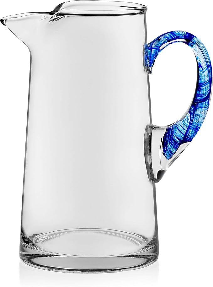 Libbey Cabos Glass Water Pitcher, 90 Oz Handcrafted Drink Pitchers with Spout and Blue Handle, Artisan-Inspired Glass Water Jar for Tables, Kitchen