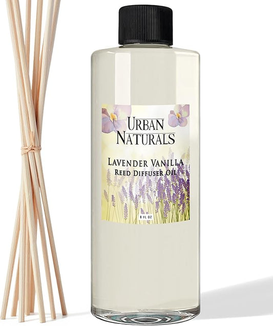 Urban Naturals Reed Diffuser Oil Refill Lavender Vanilla with Creamy Vanilla, White Woods 8 oz + Free Reed Sticks, Made in the USA
