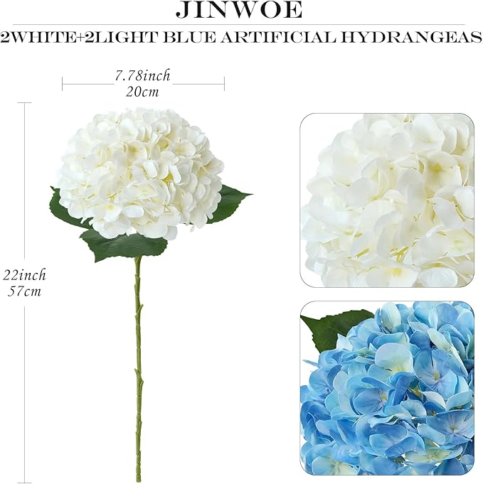 JINWOE Silk Flowers Hydrangea Artificial Flowers, 4Pcs 22Inch Large Lifelike Faux Flowers, Full Fake Artificial Hydrangeas with Stems for Bouquet Table Centerpieces Home Decoration (White/Blue)