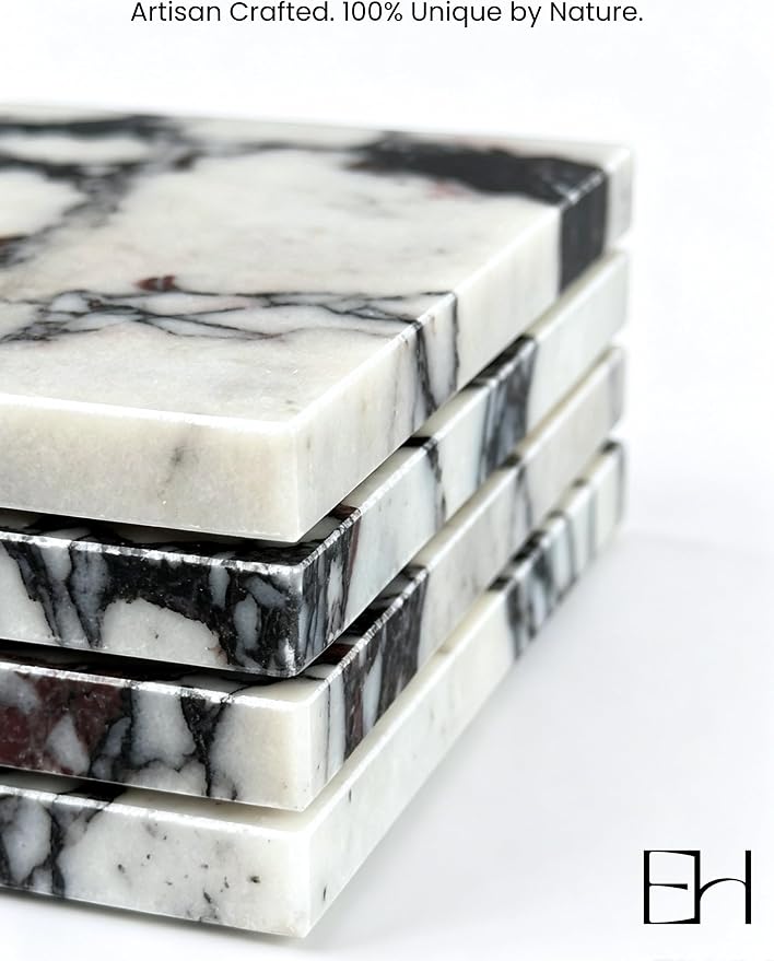 4" Square Calacatta Viola Marble Coasters Set of 4 for Coffee Table | Real Natural Stone Coasters, Non Slip Cork Backing, Modern Living Room and Office Desk Decor, Housewarming Gift