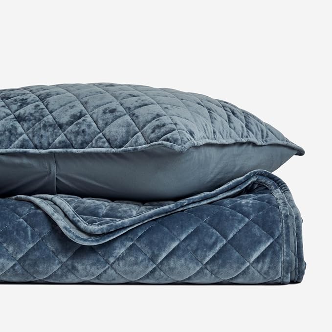 EVERGRACE Luxury Velvet Quilt Set Queen Size, Diamond Quilted Lightweight Velvet Comforter for All Season, Ultra Soft Oversized Bedspread Coverlet Bedding Set with 2 Pillow Shams, Stormy Blue | Luxe Velvet