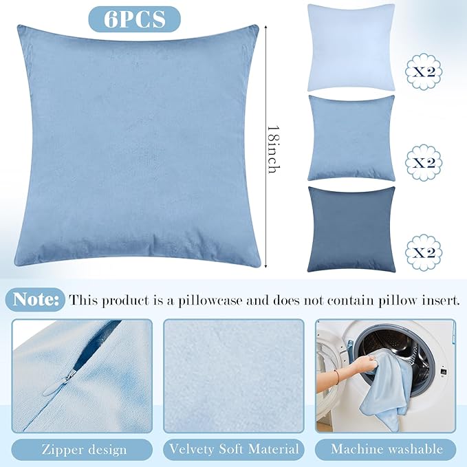 Berlune 6 Pcs Velvet Throw Pillow Covers 18" x 18" Decorative Cushion Cases Soft Pillowcase for Graduation Coquette Party Accessories Couch Sofa Bed Chair Home Decor, No Inserts (Blue Series)