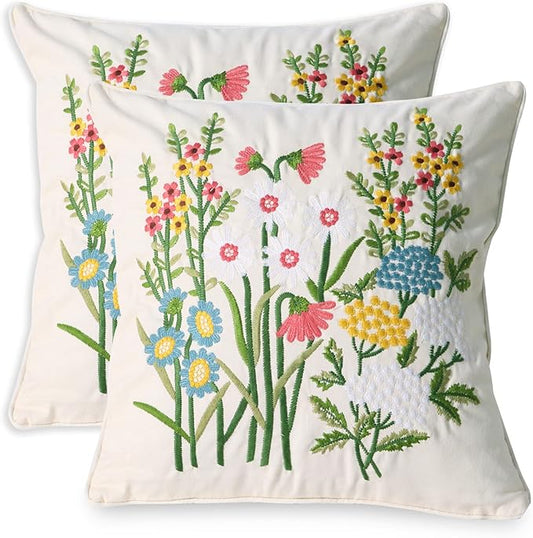 Set of 2 Embroidered Decorative Throw Pillow Covers Couch Square Pillowcases Cushion for Bedroom Sofa Farmhouse Decor 18x18 Inch (Daisy)