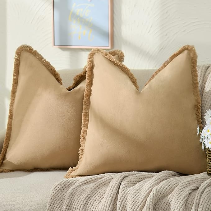 ZWJD Pillow Covers 22x22 Set of 2 Khaki Throw Pillow Covers with Fringe Chic Cotton Decorative Pillows Square Cushion Covers for Sofa Couch Bed Living Room Farmhouse Boho Decor