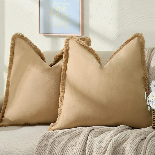 ZWJD Pillow Covers 22x22 Set of 2 Khaki Throw Pillow Covers with Fringe Chic Cotton Decorative Pillows Square Cushion Covers for Sofa Couch Bed Living Room Farmhouse Boho Decor