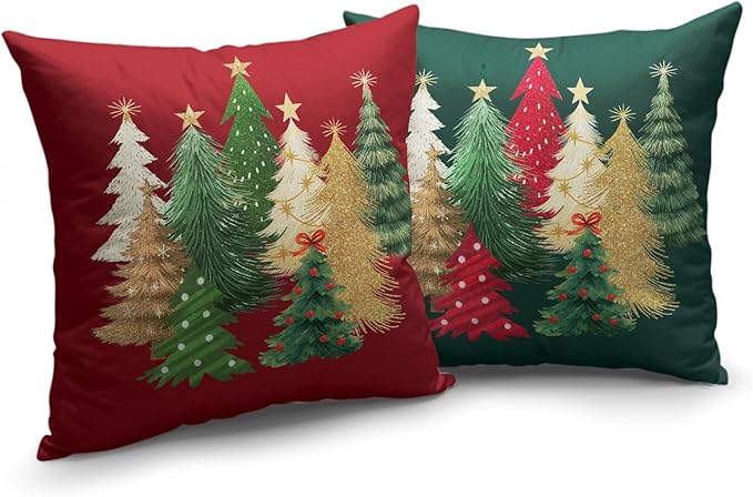 Green and Red Christmas Pillow Covers Set of 2 Colorful Xmas Tree Throw Pillow Covers 24x24 Winter Holiday Pillow Case Double Sided Printing Cushion Case for Couch Sofa Decor