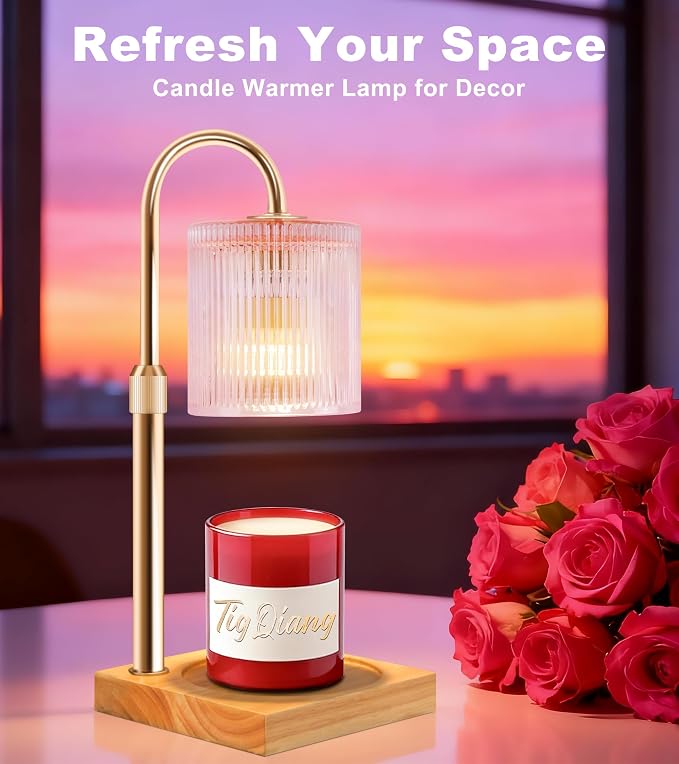 TigQiang Adjustable Height Candle Warmer Lamp, Candle Lamp Timer Dimmer 7 Levels, Compatible All Jar Candles, Top Melting, Cystal Candle Heater Lamp for Scented Wax, Elegant Home Decoration, Pink