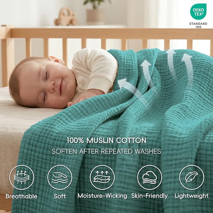 David's Home 100% Cotton Muslin Throw Blanket for College Dorm, 4-Layer Soft Breathable Lightweight Comfy Cozy Throw Guaze for Hot Sleepers, 3D Bubble Room Decor for Bed, Giftable, Teal, 50"x70"