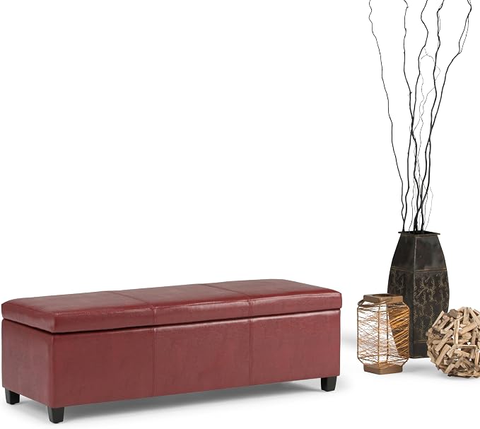 SIMPLIHOME Avalon Storage Ottoman Bench - 48" Wide x 16" High Upholstered Vegan Leather Rectangular Lift-Top Ottoman in Red, Contemporary Storage Bench for Living Room with High-Density Foam
