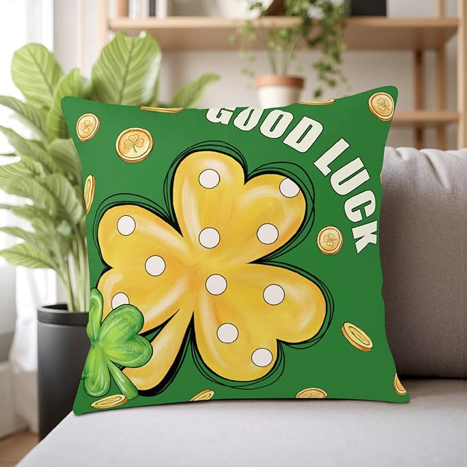 St Patricks Day Pillow Covers Green Lucky Hat Filled with Gold Coin Shamrock Throw Pillow Covers 18x18 Polka Dots Gold Clover Pillow Cases Spring March Holiday Cushion Case for Sofa 2 Pack