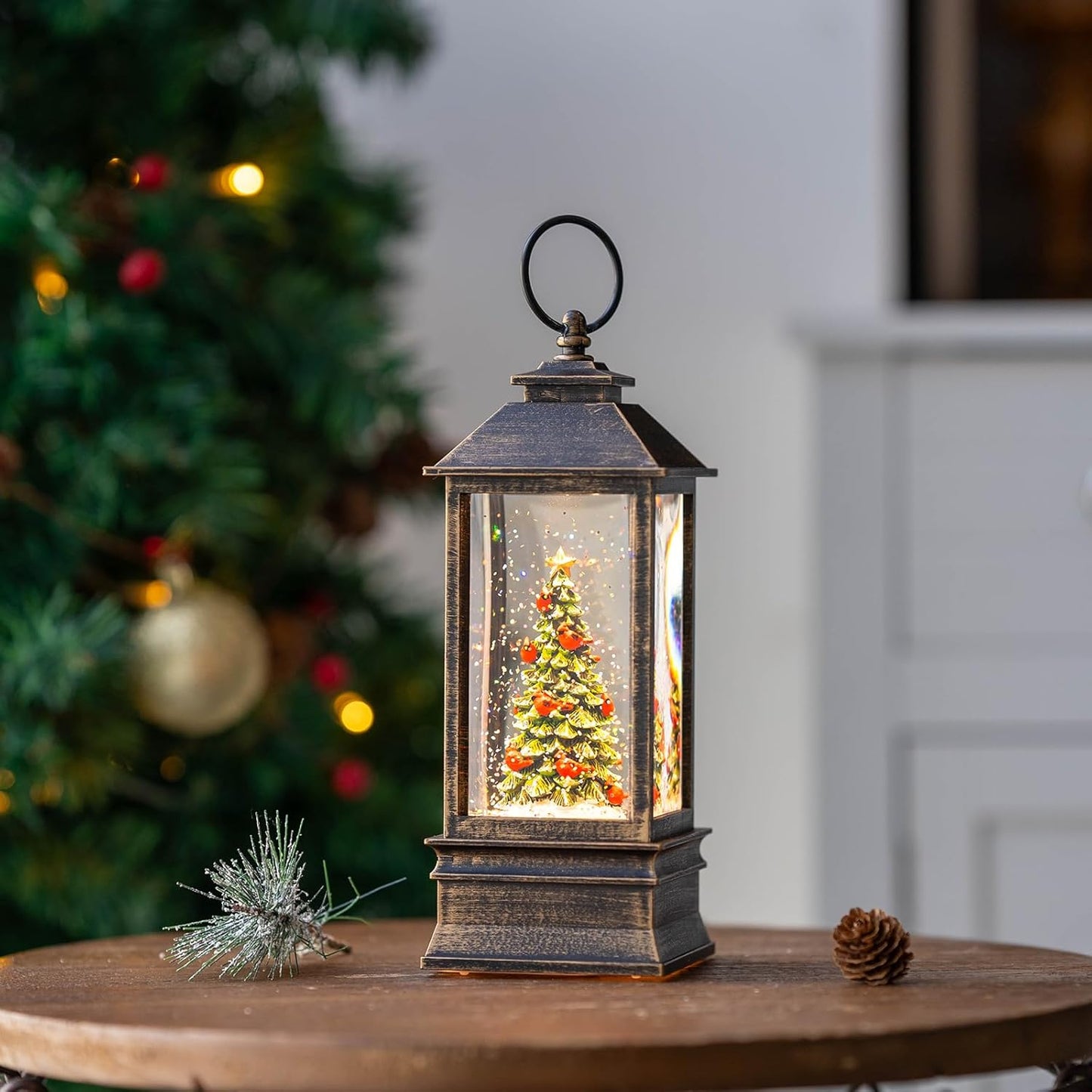 Christmas Snow Globe Lantern Water Glittering Christmas Tree with Music, USB Lined/Battery Operated Lighted Lantern for Christmas Festival Decoration Gifts