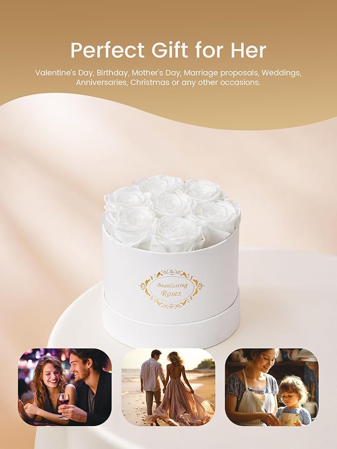 Beaulasting Long Lasting Preserved Roses in a Box Last a Year Forever Flowers for Her Mom Wife Anniversary Birthday (Round White Box, White)