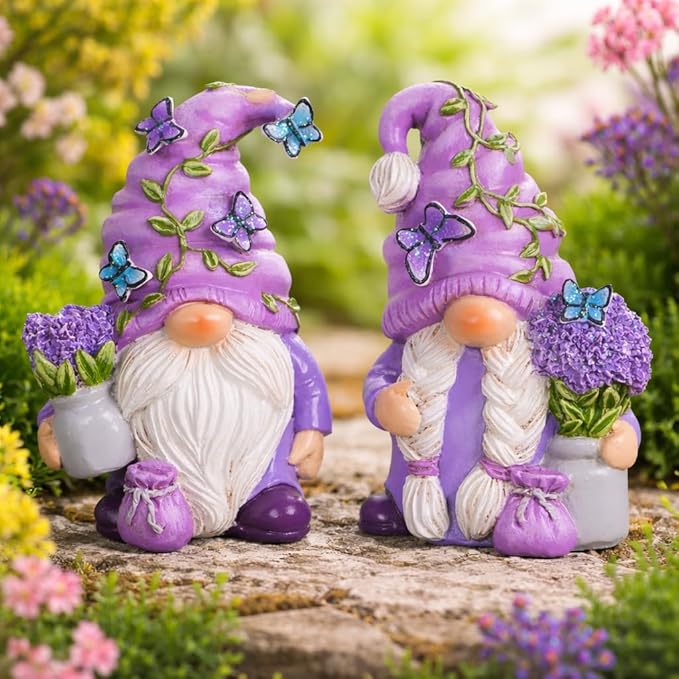 Hodao 2PCS Lavender Dream Gnome Set - Purple Fragrance Wonderland Journey Spring Swedish Tomte Elf Dwarf Figurines Summer Gnome Indoor Home Decor Gift (Lavender)