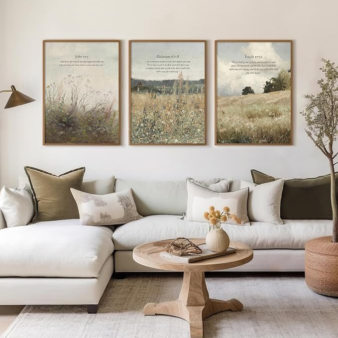 Christian Wall Art Bible Verse Canvas Poster Wildflower Wall Decor Scripture Wall Art Landscape Painting Vintage Field Prints Farmhouse Picture for Bedroom Bathroom 16x24 Inch Unframed Set of 3