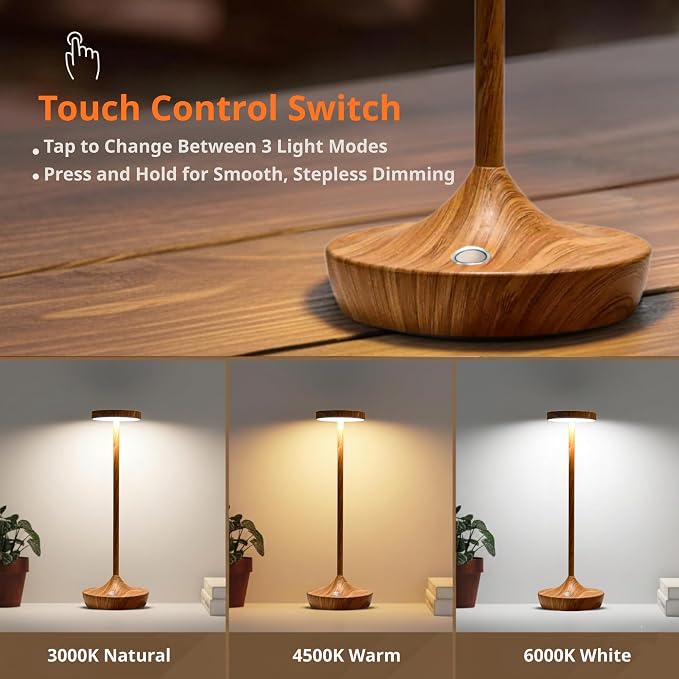 Set of 2 Cordless Table Lamps, Rechargeable 6000mAh LED Desk Lamps, Up to 72 Hours, Touch Control with 3-Level Dimming, Waterproof for Restaurant, Dining, Patio & Home Decor (Bamboo Pattern)