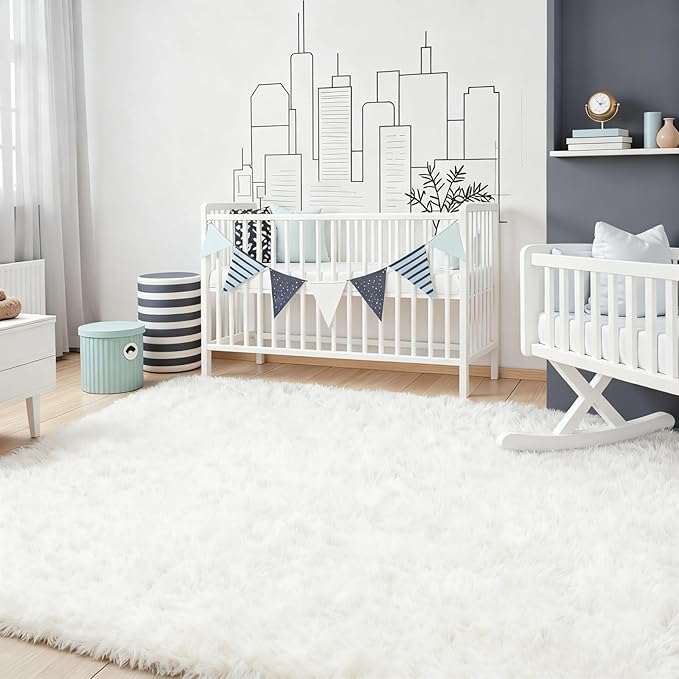 8x10 Area Rug for Living Room, Ultra Soft Fluffy Shag Rugs for Bedroom, Non-Slip Large Fuzzy Plush Rug Indoor Floor Carpet for Nursery Kids Office Dorm Modern Decor, White