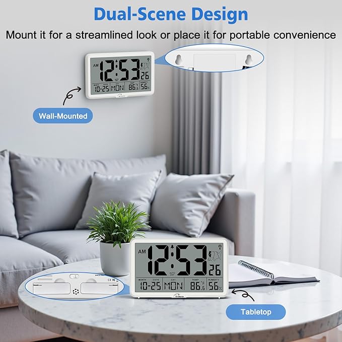 WallarGe Atomic Wall Clock with Backlight, Digital Wall Clock Battery Operated for Classroom, Bedroom, Office, Large Display with Indoor Temperature, Humidity, Date, AUTO DST, 6 Time Zones