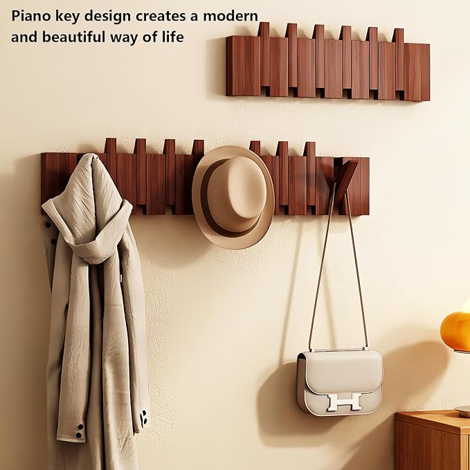 Wall Mounted Coat RackHooks Piano Key Hangers Natural Solid Wood Hanger Non-Woven Fabric Clothes Hangers for Closet, Kitchen, Bedroom, Bathroom, Entryway (Walnut, 10 Hooks)