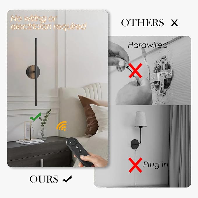 KARTOOSH Battery Operated Wall Sconces, Dimmable Wall Sconces Set of Two, 350°Rotate, 3000K LED Black Wireless Wall Light for Living Room, Bedroom,Hallway, 20.4 Inch (2 Pack)