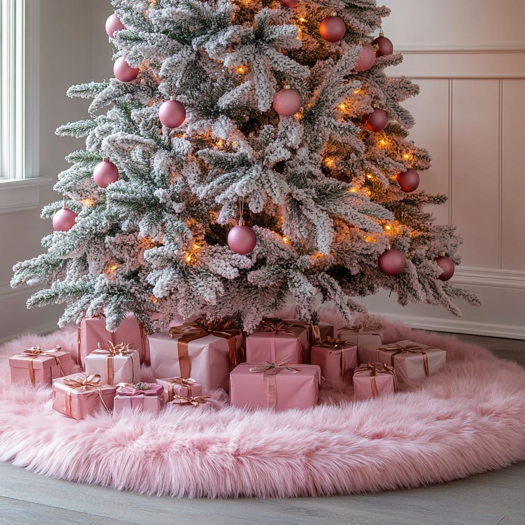 AOGU 48 Inch Faux Fur Christmas Tree Skirt Pink Plush Skirt for Merry Christmas Party Christmas Tree Decoration