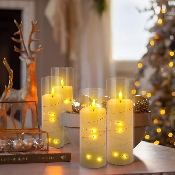 Pack of 5 (D2.2 X H 5" 6" 7") Ivory Flickering Flameless Candles Battery Operated with Remote, LED Pillar Candles with Realistic Moving Wick for Halloween, Christmas, Home Decor.