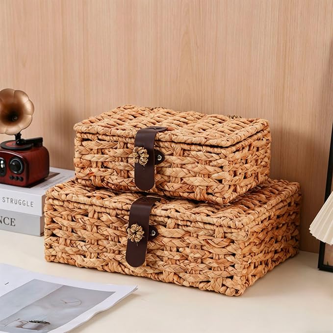 Water Hyacinth Wicker Storage Box with Lid （Large） | Hand woven decorative storage basket for shelf coffee table console home decor